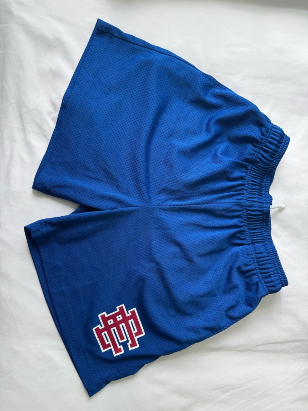 Eric Emanuel Blue Athletic Mesh Shorts with Red White Logo